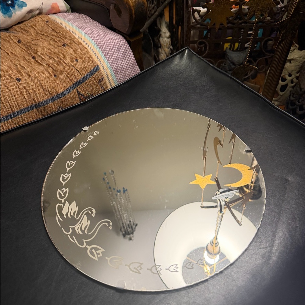 VTG MCM Elegant Silver Round Mirror with Etched Swan Design